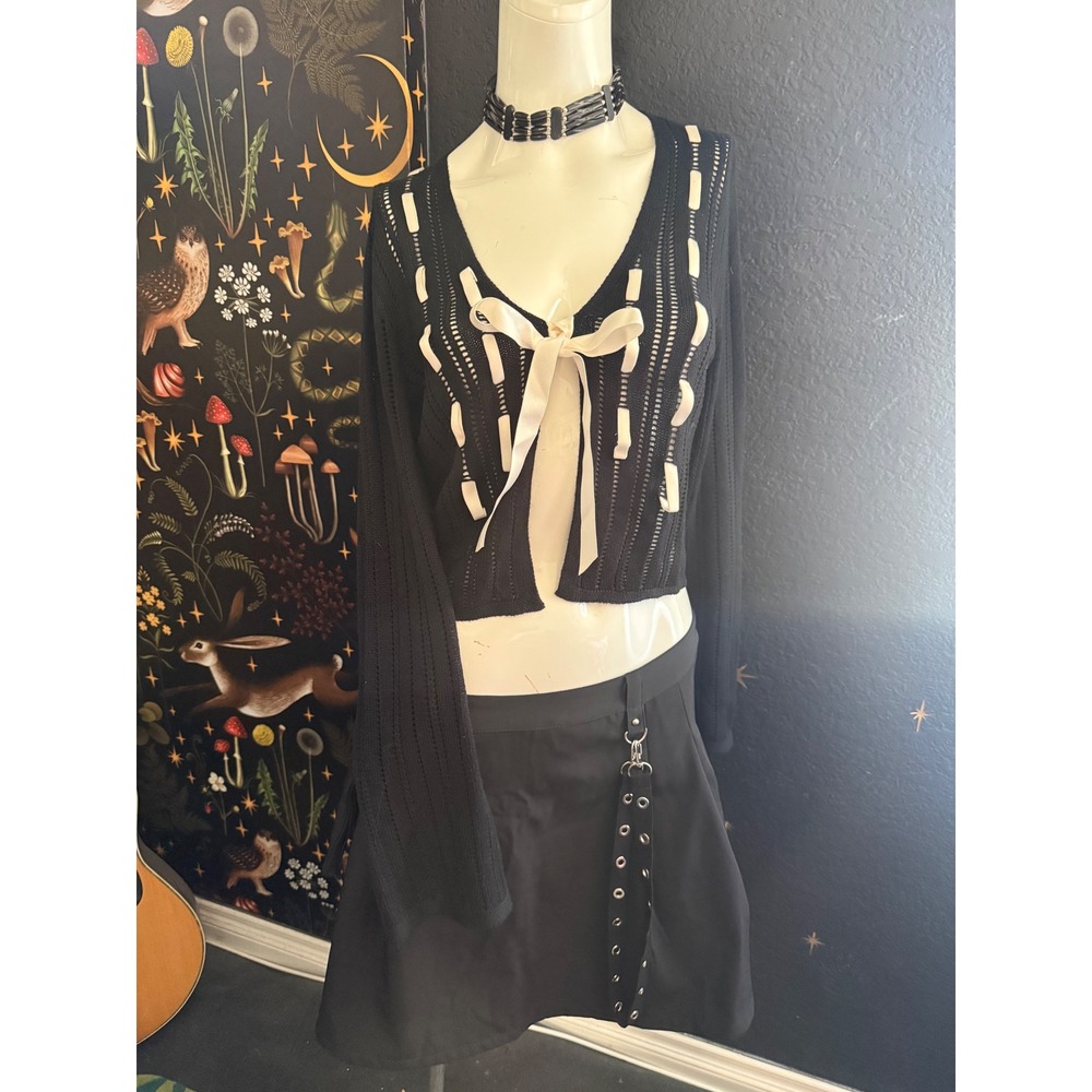 The Workshop Black Pointelle Knit Ribbon Tie Front Cropped Cardigan Sweater L